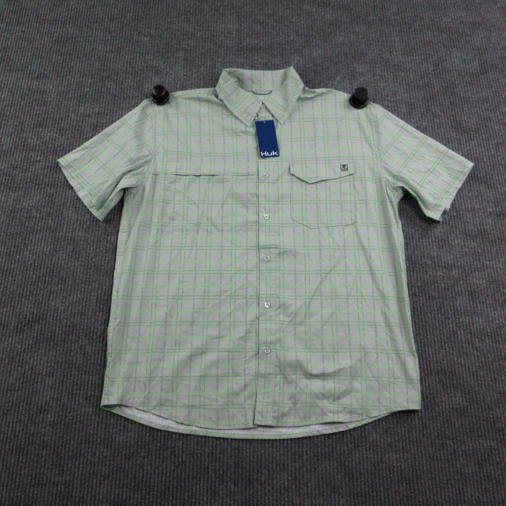Huk Shirt Mens L Gray Plaid Button Up Relaxed Fit Short Sleeve Tide Point NWT